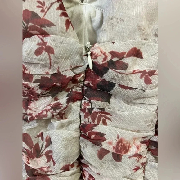 ASOS Floral red roses ruched body sheer mesh volume sleeves mini dress size 8 - Picture 6 of 7